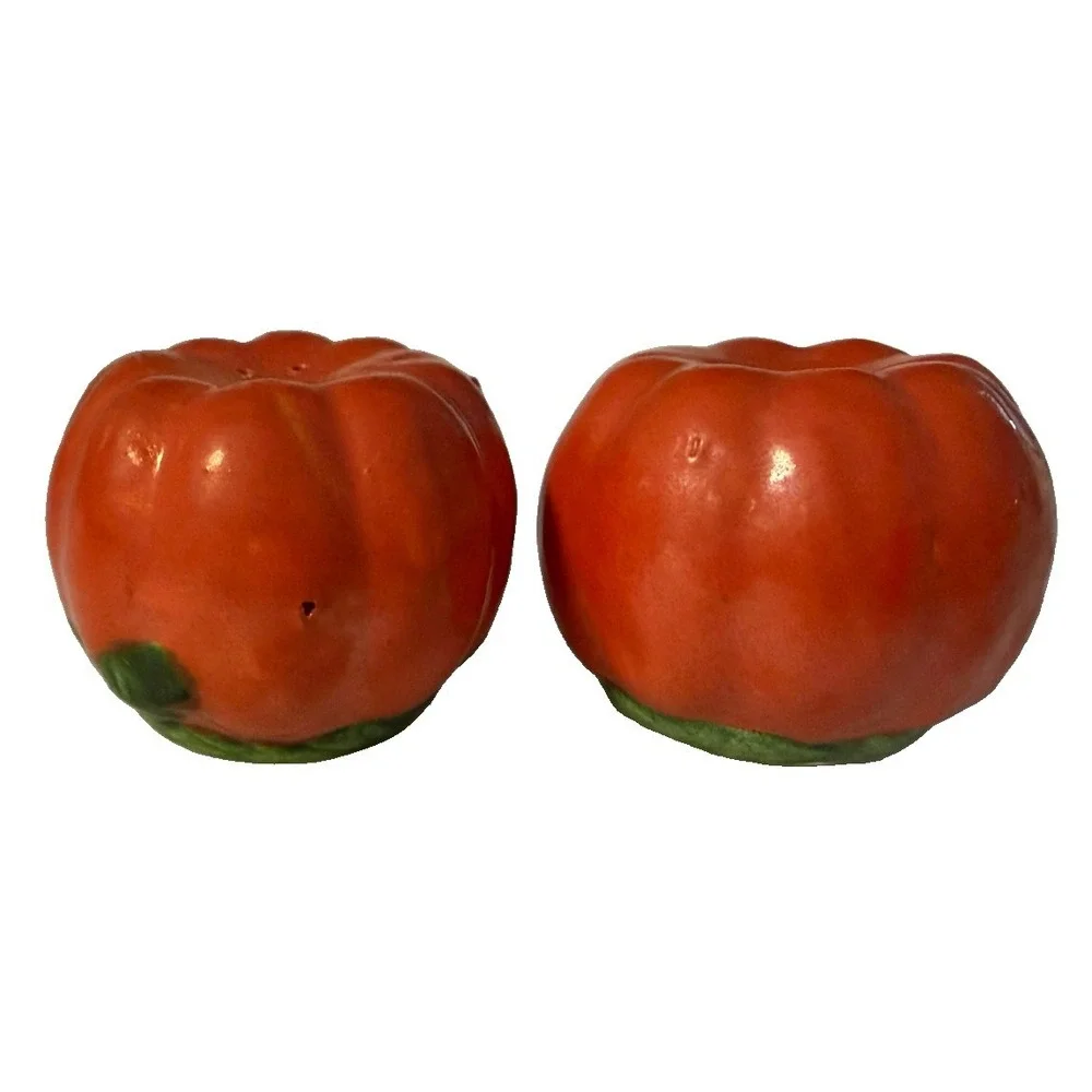 Vintage Japan Tomato Salt Pepper Shakers Ceramic Red Cork Stoppers MCM